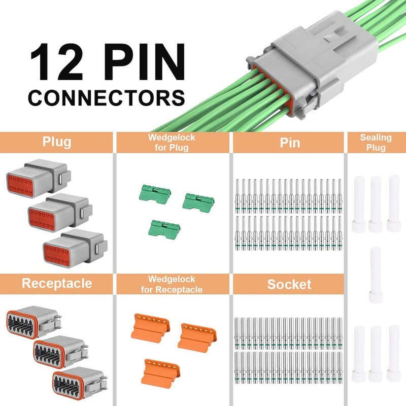 JRready ST6117 DT 12 Pin Connectors Gray Waterproof Electrical Wire Connector Plug Receptacle with Solid Contact and Seal Plug, 3 Sets - Image 2
